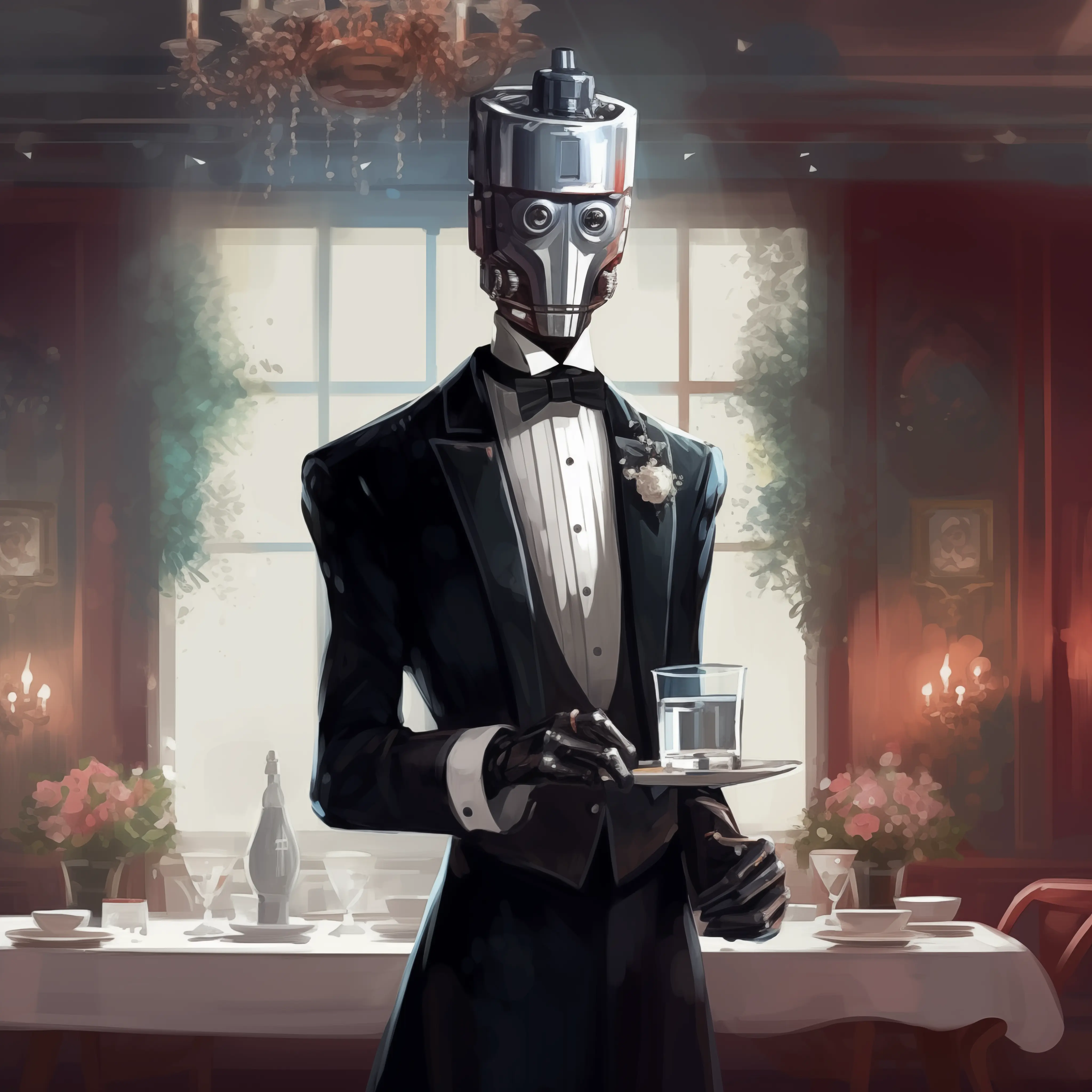 A Chives robotic waiter dressed in a tuxedo. Made by Xomtek